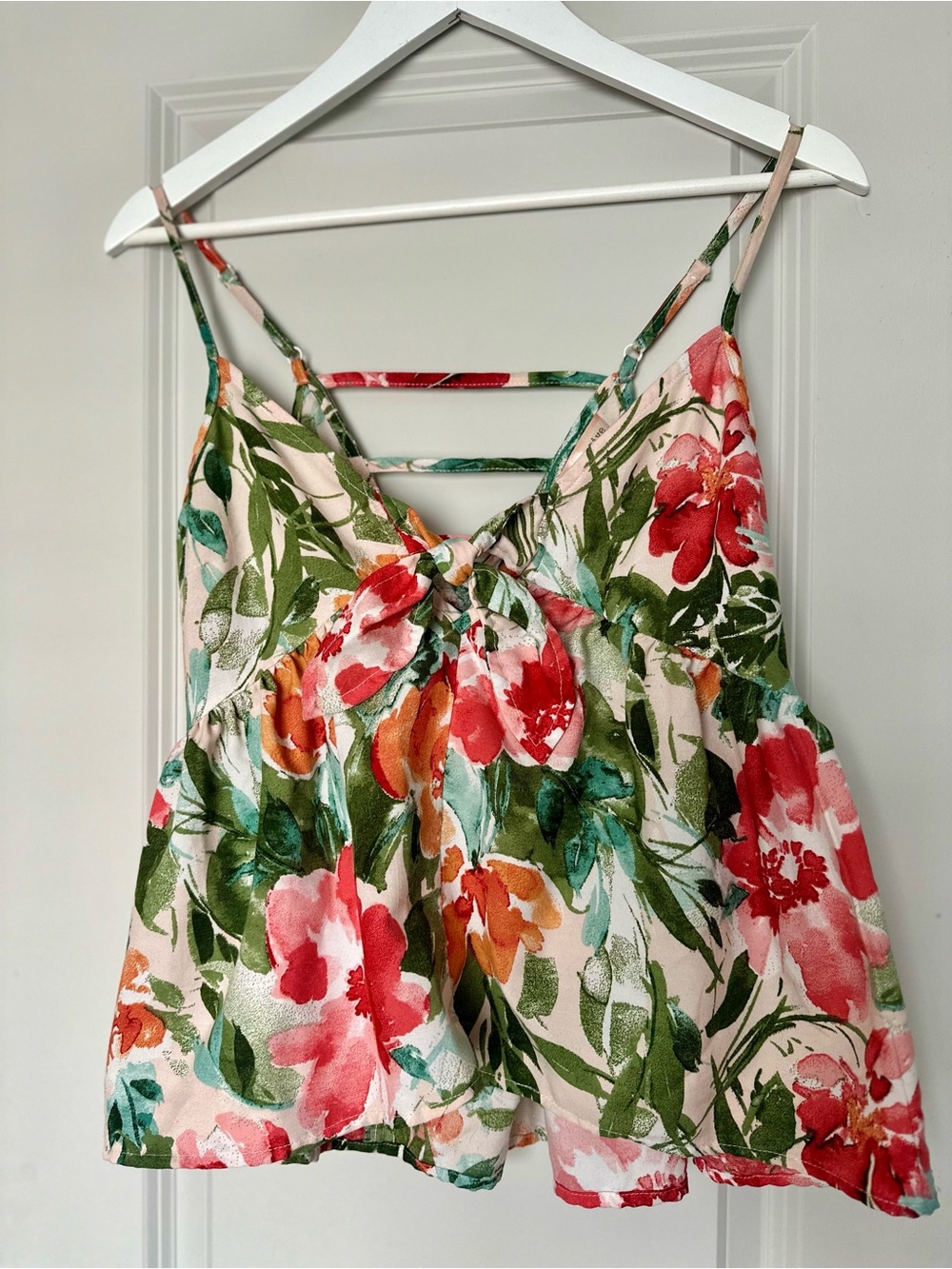 Floral Tie-Front Spaghetti Strap Tank Top - Pink/Green